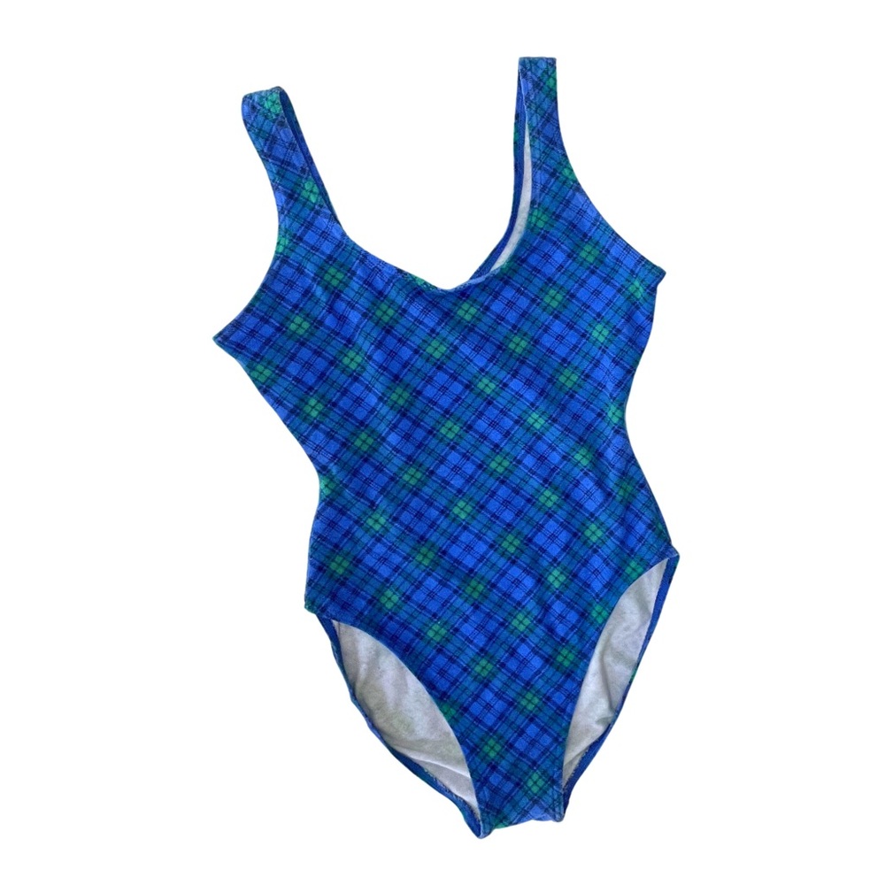 90s Vintage Blue Plaid Swimsuit or Bodysuit